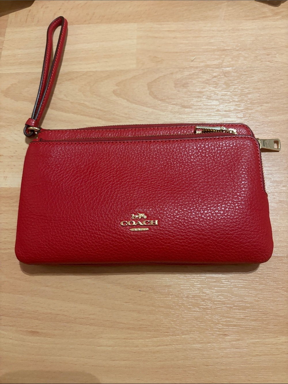 Coach Red Pebbled Leather Wristlet with Gold Accent